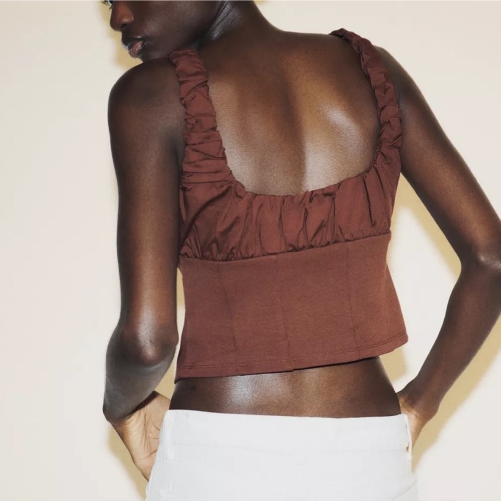 NWT Zara Brown Mixed Interlock Poplin Ruched Crop Top - Picture 3 of 7